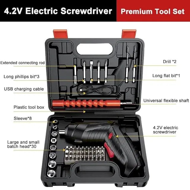 Black electric screwdriver and its original bit and accessory set in an open carrying case