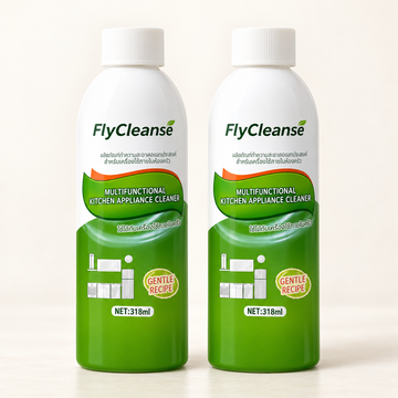 Two green FlyCleanse kitchen-cleaner bottles with white caps