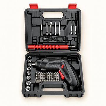 Black electric screwdriver and its original bit and accessory set in an open carrying case