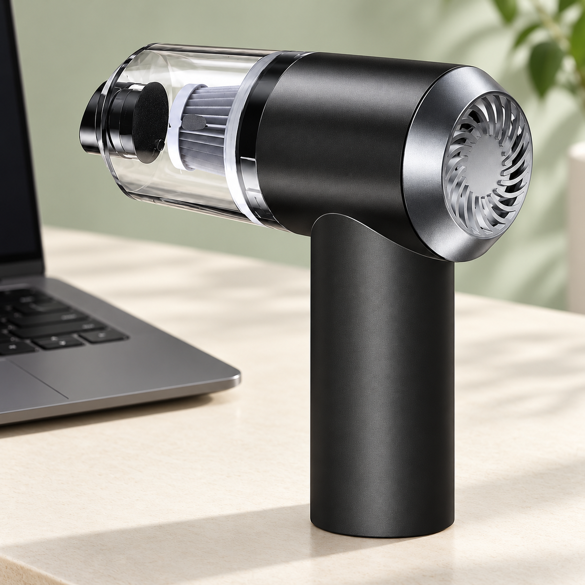 Black handheld air duster with clear collection cup on an ivory desk