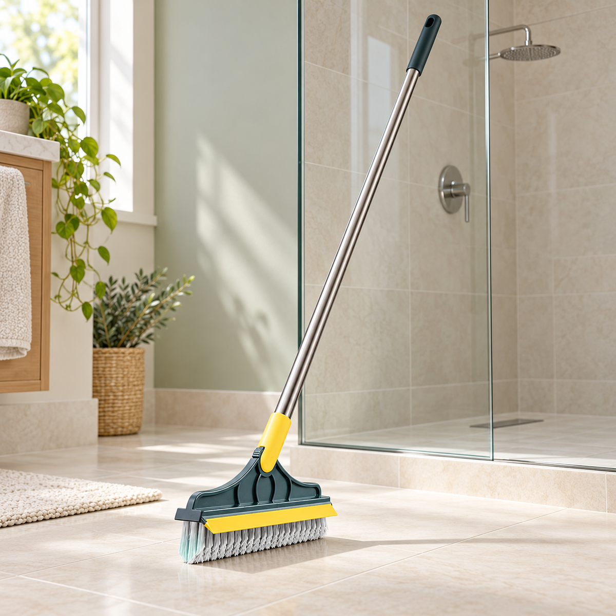 Two-in-one floor brush with grey bristles and yellow wiper edge beside tiled shower