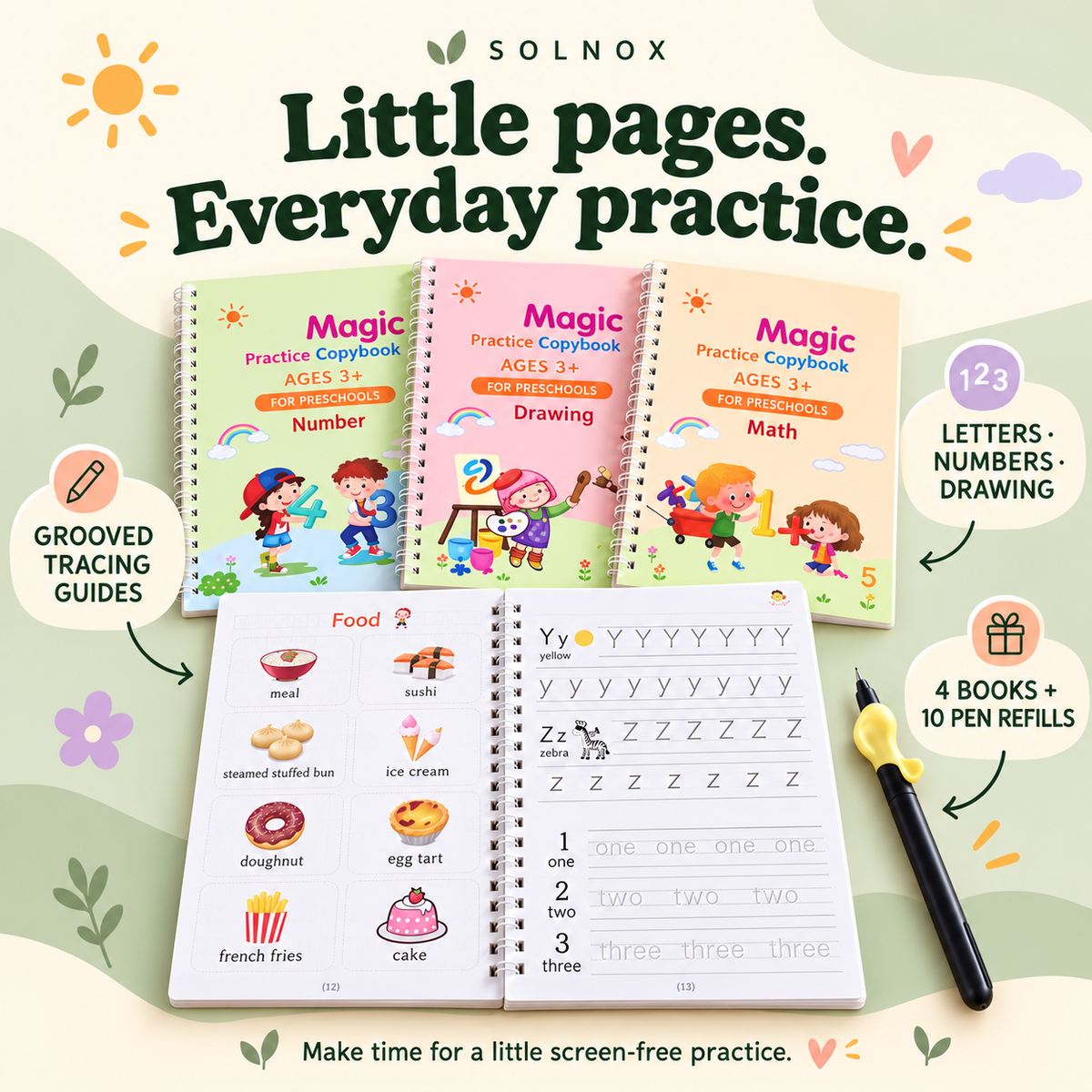 Practice copybook set with grooved tracing guides, four books and ten pen refills