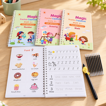 Four pastel spiral practice copybooks with open tracing pages and pen refills