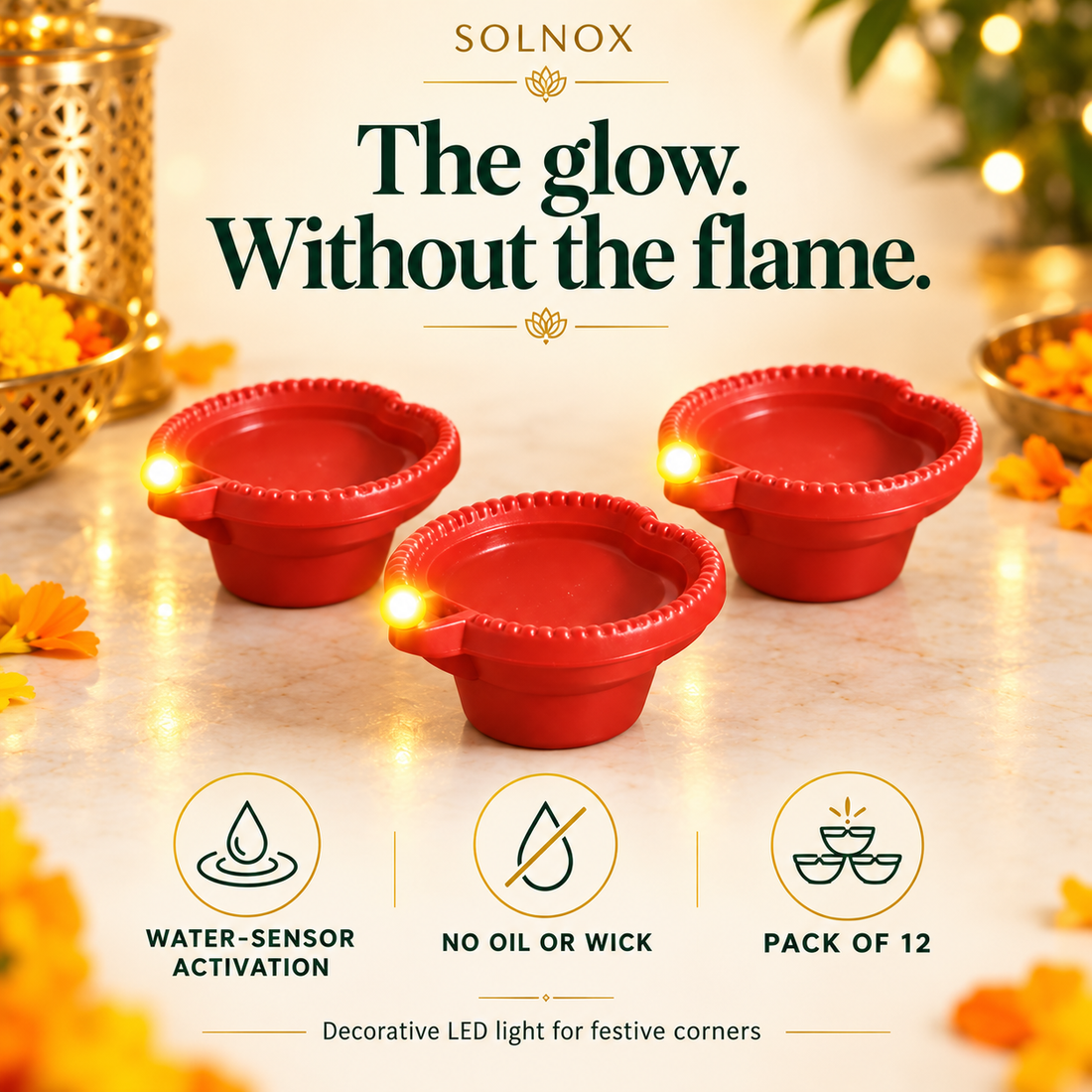 Twelve red water-sensor LED diyas with yellow lights arranged on ivory console