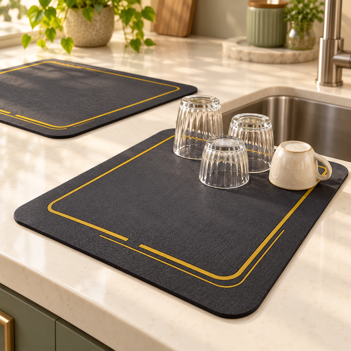 Two charcoal kitchen drying mats with gold border beside a sink